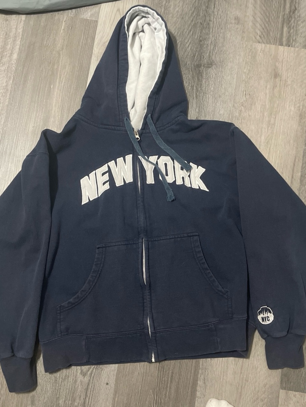 Vintage Navy Blue 'New York' Zip-Up Hoodie